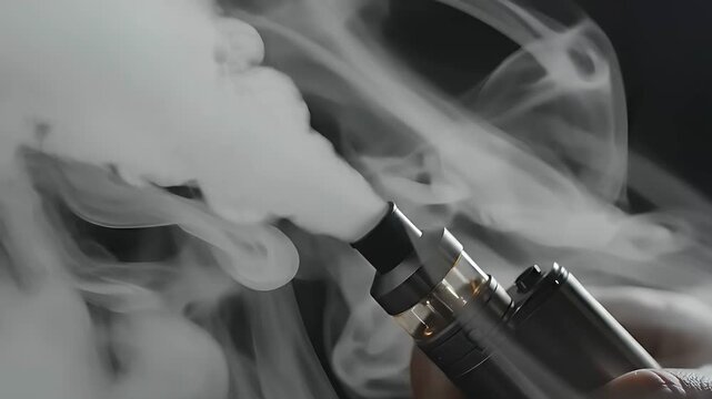 Electronic cigarette emitting thick white vapor in a dark setting. Close-up of a vape pen atomizer held by a hand. Smoking alternative concept, ideal for retail marketing and health campaigns.