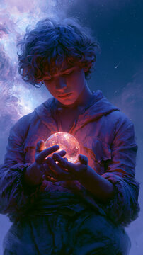 A young boy holding a glowing magic crystal ball orb against a colorful cosmic nebula background.