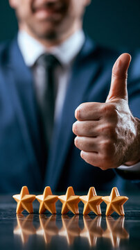Close up of a businessman showing thumbs up behind a row of five gold stars, customer feedback and excellent service rating concept.