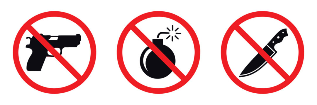 No weapons warning signs featuring forbidden handgun, bomb and knife silhouettes inside red prohibition circles for public safety
