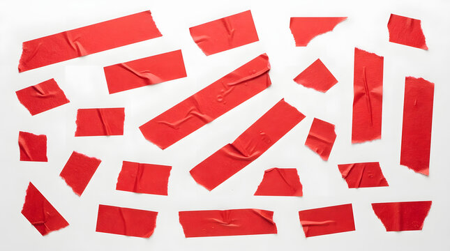 Red Tapes on White: A collection of red adhesive tapes scattered across a bright white surface, showcasing their texture and ability to stick and seal.