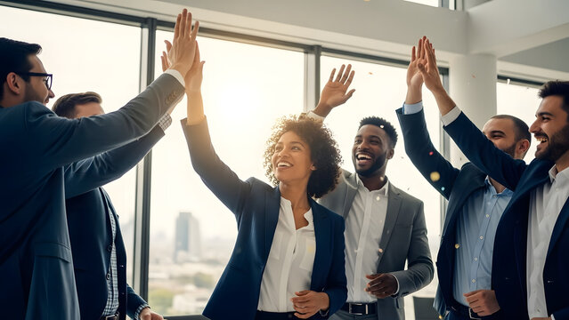 Diverse business team celebrating success with high fives and confetti in modern office