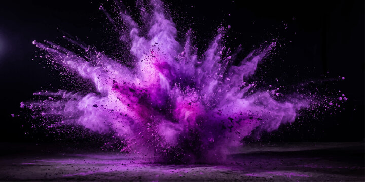Abstract Fireworks in Night Sky with Purple Pink Galaxy Nebula, Bright Light Motion Over Dark Space Background, Cosmic Astronomy Wallpaper Design