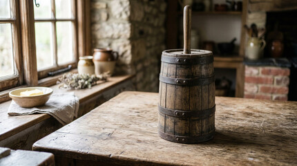 Naklejka premium Traditional wooden butter churn on rustic kitchen table indoors 