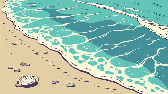 Artistic of a tropical beach shoreline with turquoise ocean waves, soft sand, and a single seashell resting on the beach surface