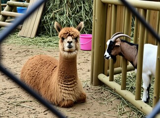 Fototapeta premium Fluffy brown alpaca rests on sandy ground next to a white and brown goat in a wooden pen. Hay is scattered around the enclosure. Gentle animals in a petting zoo setting.