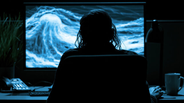Dark silhouette office worker faces ocean wave screen craving escape from work