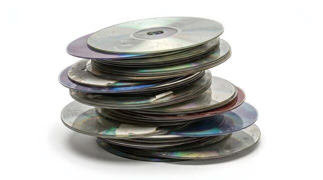Messy stack of heavily scratched and damaged compact discs on white background for obsolete technology and physical data loss concepts