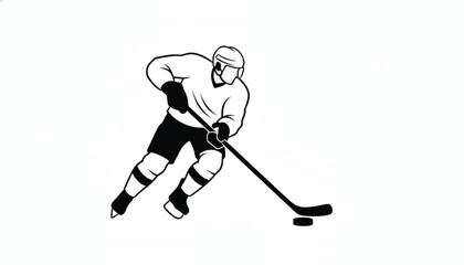 Naklejka premium Black and white line art illustration of a professional ice hockey player in motion holding a stick and preparing to strike the puck forward.
