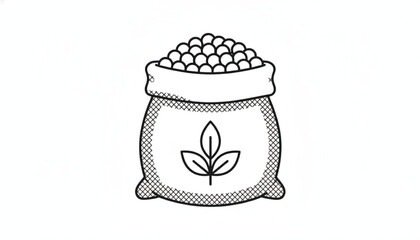 Naklejka premium Simple line art drawing of a full sack containing grains or seeds with a decorative leaf symbol on the front indicating organic produce items.