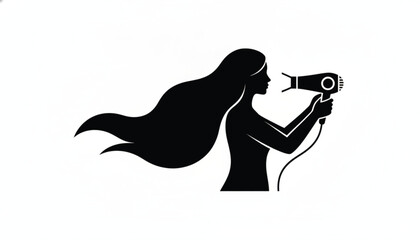 Naklejka premium Minimalist black silhouette of a woman with long hair drying her hair using a hair dryer in a side view graphic style for beauty concepts.