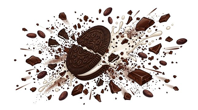 Exploding Chocolate Cookie with Crumbles and Chocolate Chunks on White Background.