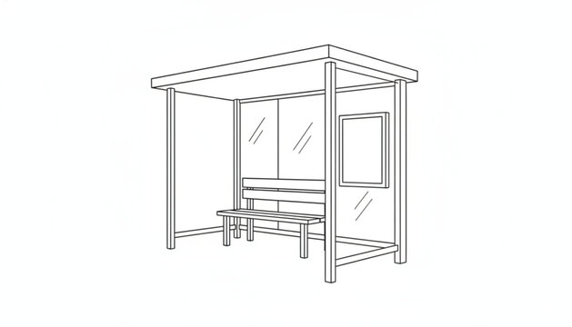 Modern bus stop shelter illustration with a bench and advertisement board designed for urban city transit infrastructure and public waiting areas.