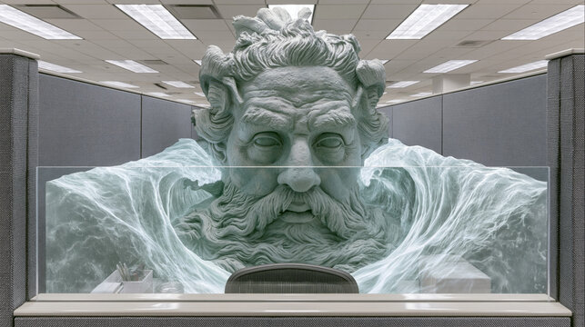 Ghostly translucent deity apparition materializing in a misty corporate office interior