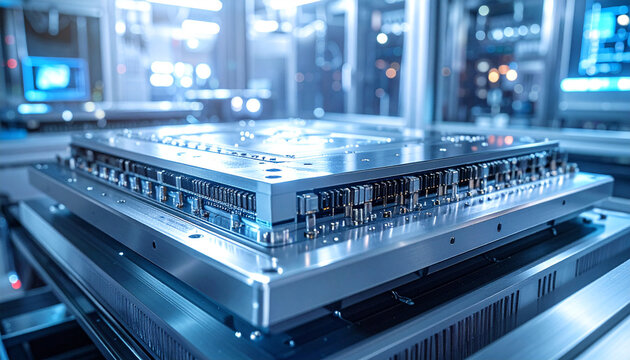 Industrial Computer Component: A high-tech, metallic industrial computer component sits ready for integration into a larger system, showcasing precision engineering and advanced technology.