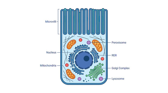 Epithelial Cell Diagram: Microvilli, Nucleus, Mitochondria, SER, Golgi, Lysosomes