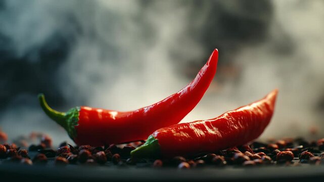 A close-up of a vibrant red chili pepper resting on a countertop, with steam rising around it, indicating cooking or freshly prepared food. The pepper's stem is intact and appears fresh.