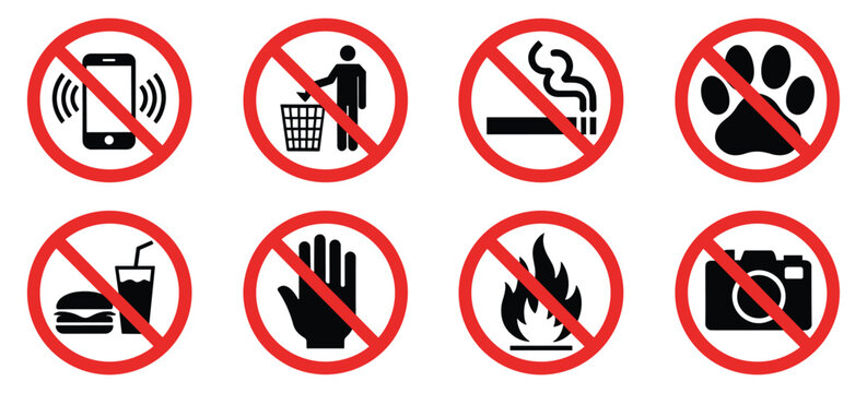 Prohibited vector icon for no cell phone, no smoking, no fire, no pets, no littering, public safety notices and restriction symbols