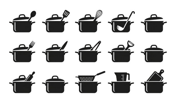 Kitchen Tools in Pot Silhouette Vector Icon Collection with Cooking Utensils Black Silhouette Illustration Set