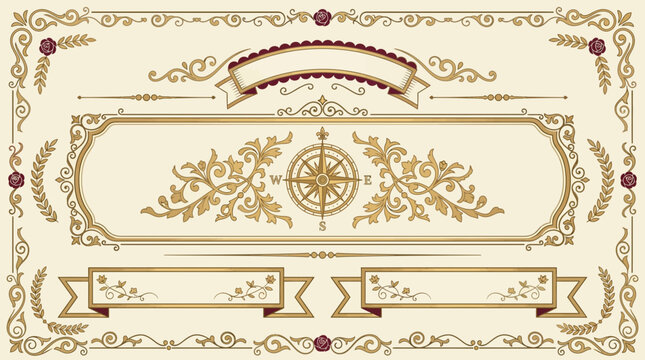 Vintage Flourish Ornate Borders, Swirls, Compass and Ribbons, Cream and Gold