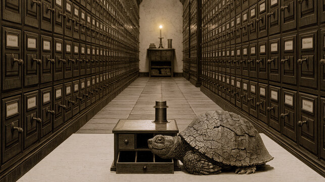 Candlelit archive corridor with turtle-shell divination and card catalog fate drawers