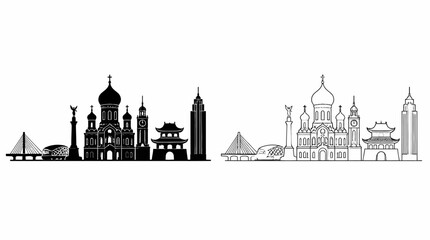Obraz premium City Skyline Silhouette and Line Drawing Comparison