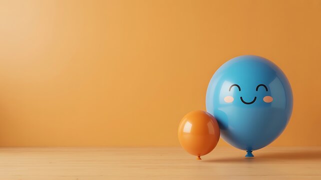Blue balloon with a smiley face and an orange balloon on a wooden floor with an orange background