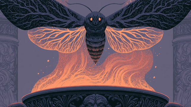 Flame-winged moth hovering over ornate brazier in dramatic violet and orange art