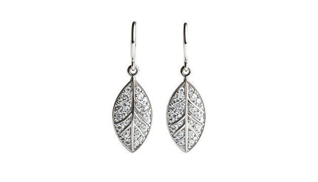 Leaf shaped earrings with gems suspended from a silver hook.