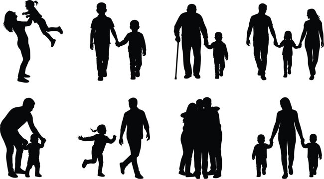 Set of black silhouettes of families parents and children showing bonding and togetherness in various outdoor activities