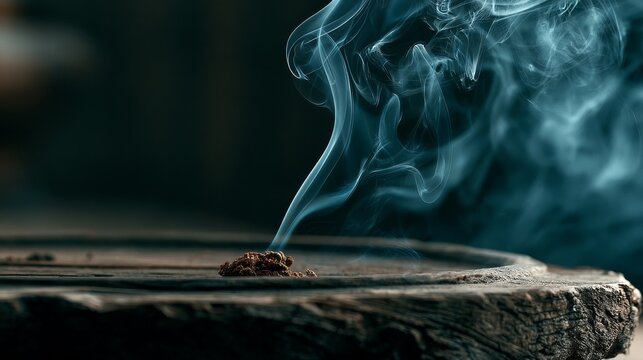 Ancient temple interior with blue-gray incense smoke rising in a spiral, serene atmosphere.