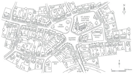 Fototapeta premium Hand-drawn village map illustration, showing streets, buildings, church, and market square