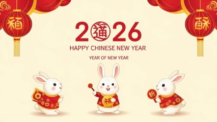 Fototapeta premium Three white rabbits holding red envelopes in festive Chinese New Year celebration with lanterns and gold text