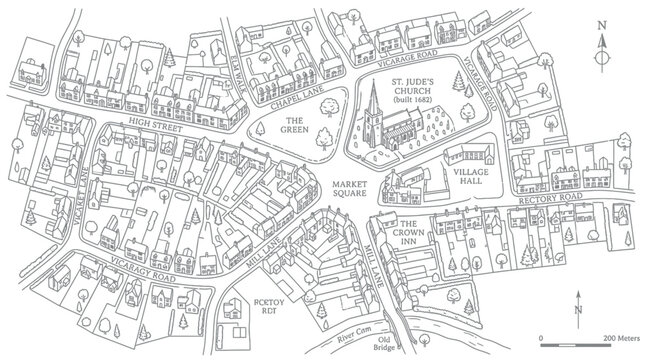 Hand-drawn village map illustration, showing streets, buildings, church, and market square