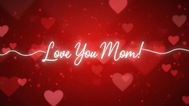 Love You Mom glowing white script text with floating hearts on a red background for Mother's Day.
