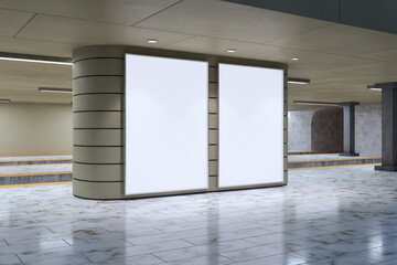 Obraz premium Two blank vertical advertising posters in modern empty interior subway hall with clean contemporary design for presentation and promotion.. 3D Rendering