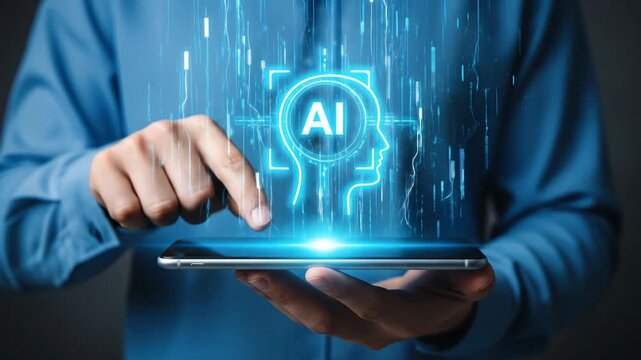 Man using smartphone with glowing AI artificial intelligence hologram icon in dark studio.
