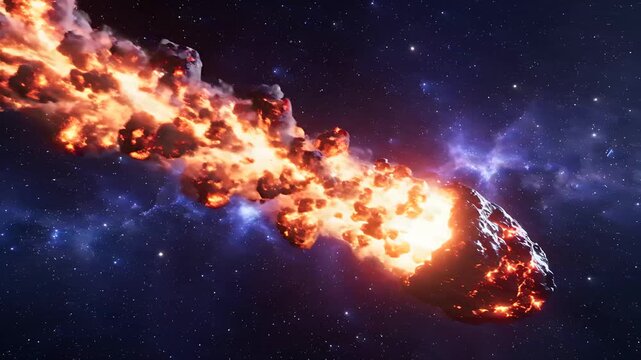 Glowing fiery asteroid flying through the deep space nebula. Burning meteor with a trail of fire and smoke passing through a starry galaxy. Cosmic impact concept ideal for science and sci-fi media.
