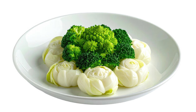 Cooked florets green romanesco & light, shaped white, in white bowl
