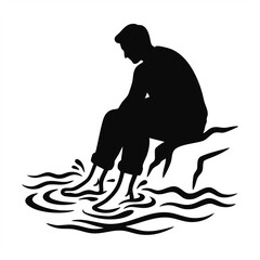 Fototapeta premium Man cooling his ankles in icy water. Minimalist black silhouette vector illustration. Summer heat relief and foot soaking concept