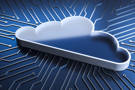 Cloud computing symbol integrated with digital circuit lines representing modern network infrastructure and virtual data technology. 3D Rendering