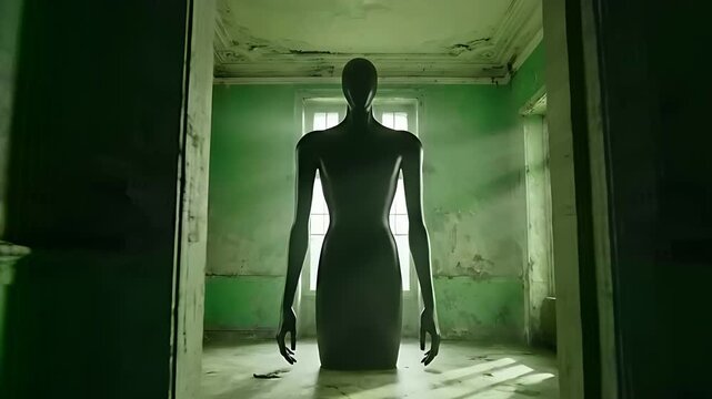 Tall faceless figure standing in a derelict abandoned hallway. Decaying green walls and peeling paint evoke a haunted atmosphere. Horror mystery theme for thriller covers and spooky cinematic art.