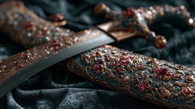 An ornate curved sword with a gem-encrusted scabbard on dark velvet.