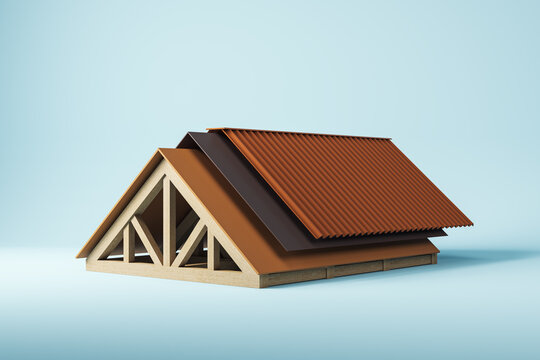Layered roof construction model with isolated structural elements and detailed development design on light background demonstrating roofing layers. 3D Rendering