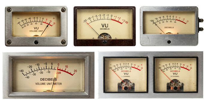 Set of vintage analog VU meters isolated on transparent background. 