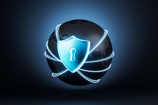 Global sphere with illuminated shield lock symbol and bright digital lines encircling the world, highlighting modern global cybersecurity protection concept. 3D Rendering