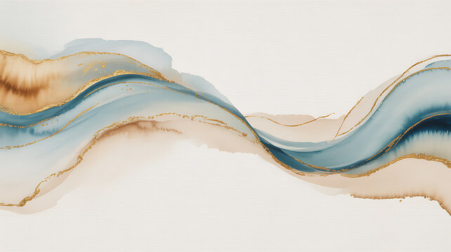 Watercolor wave pattern with gold accents presents a flowing abstract design on a white background waves wash fluid