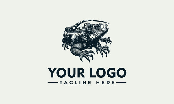 Vintage hand drawn iguana lizard eps vector logo illustration template