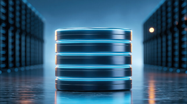 Stacked storage cylinder with glowing blue light accents data center aisle conveying secure enterprise storage solution and futuristic efficiency
