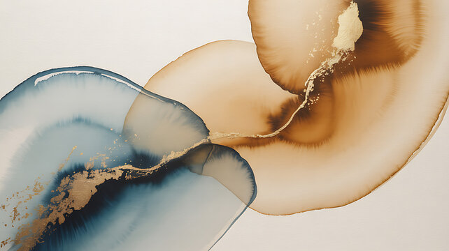 Abstract watercolor painting with flowing blue and golden brown ink on a white background fluid golden-brown gold splatter